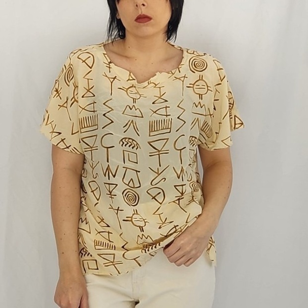90s Ivory‎ and Tan Funky Silk Blouse